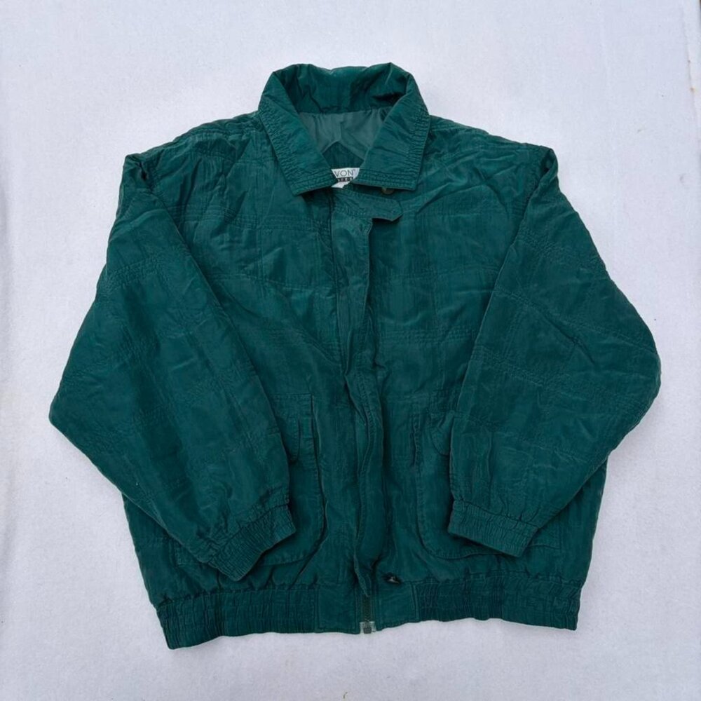 Vintage Lavon Dark Green Silk Bomber Jacket Sz L Petite Retro 90s Fall Autumn